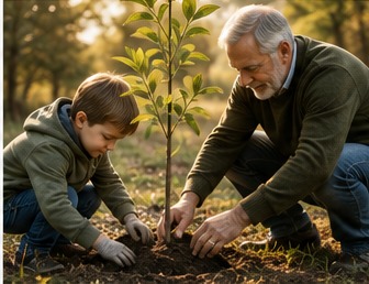 Grandparent and child planting a tree